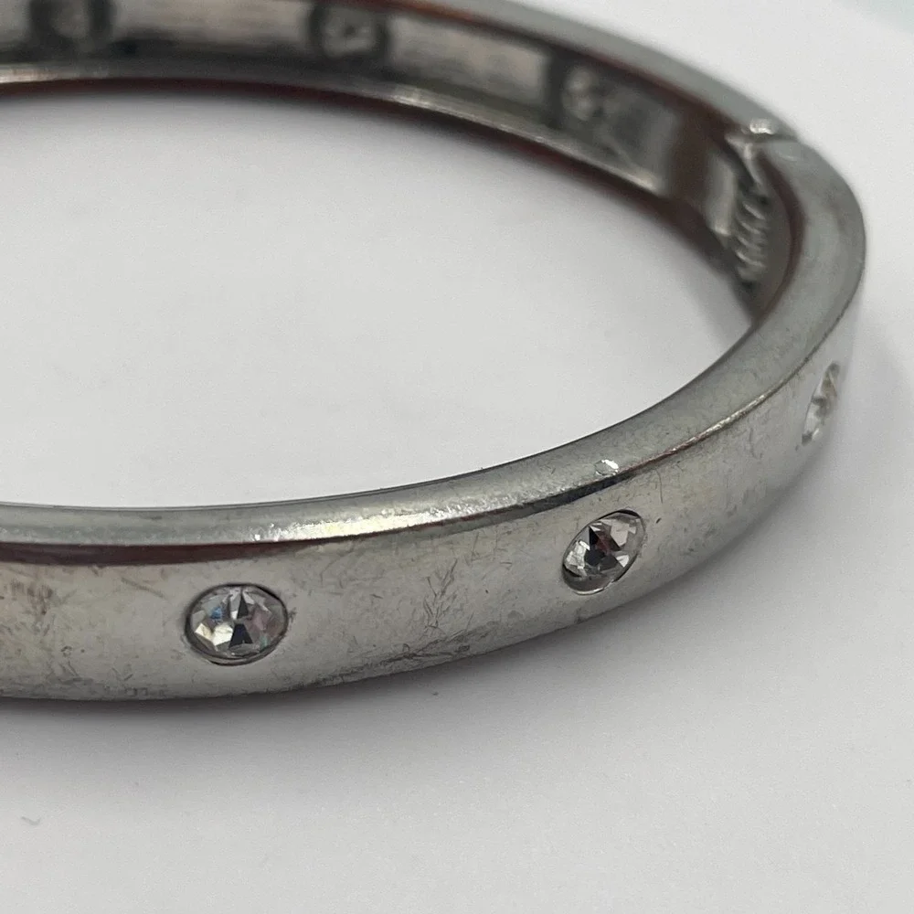 Vintage Y2K Silver Tone Rhinestone Inset Hinge Bangle Minimalist Bracelet